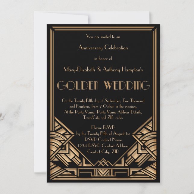 Invitación Aniversario de boda de oro de Gatsby del art déco (Anverso)