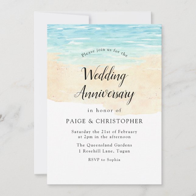 Invitación Aniversario de Boda de Playa Acuarela Moderno Simp (Anverso)