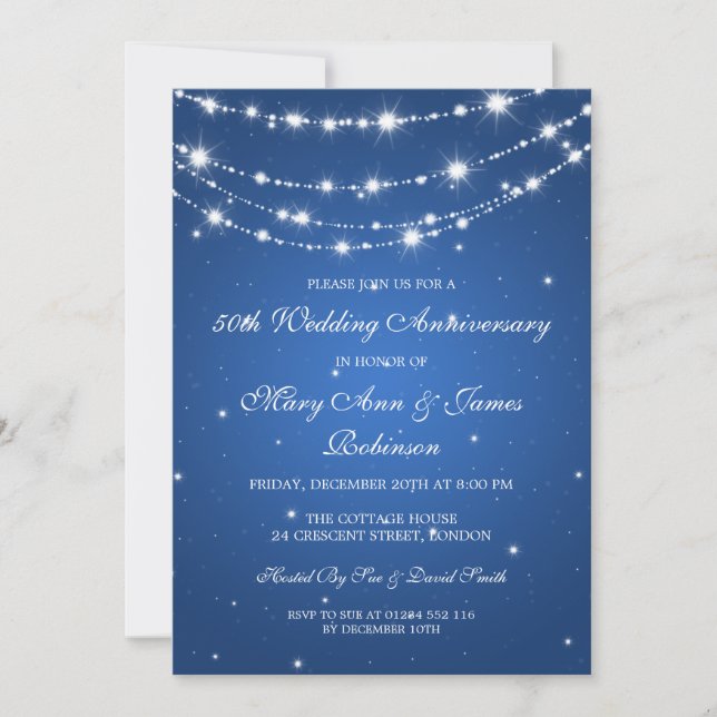 Invitación Aniversario de Boda Elegante Cadena Brillante Azul (Anverso)