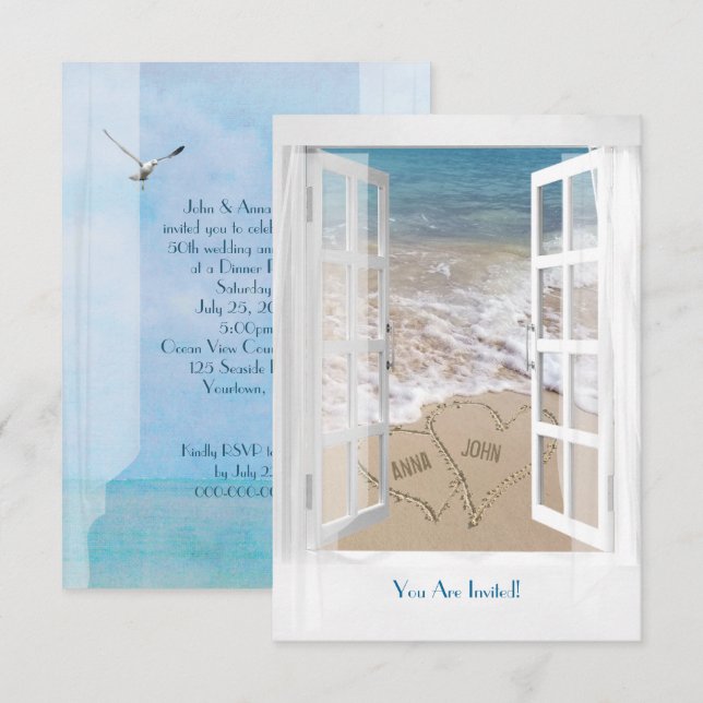 Invitación Aniversario de boda en cena de fiesta en la playa  (Anverso / Reverso)