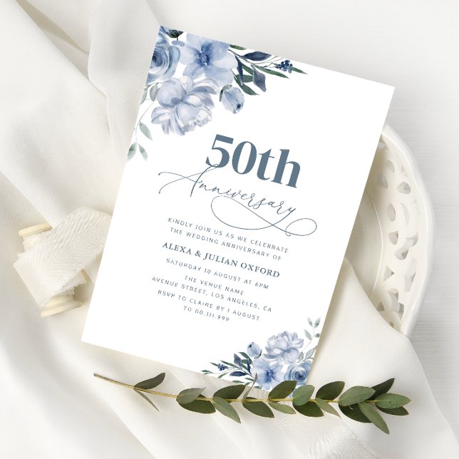 Invitación aniversario de boda floral azul polvoriento bohemi (Subido por el creador)