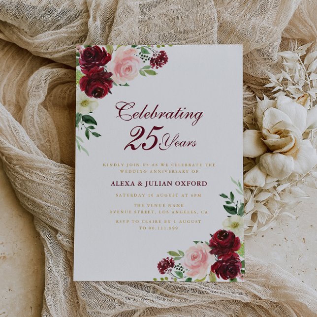 Invitación aniversario de boda floral de borgoña y rubia (Subido por el creador)