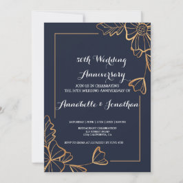 Invitación Aniversario de boda floral dorado y azul marino