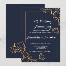 Invitación Aniversario de boda floral dorado y azul marino