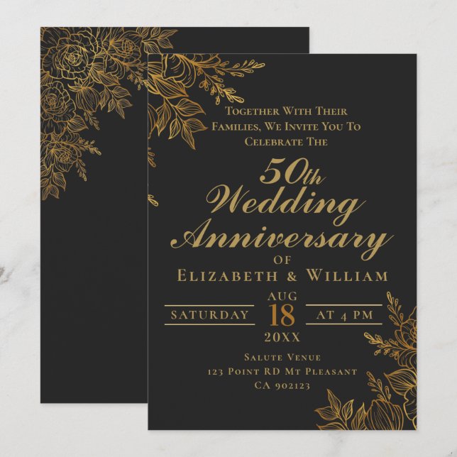 Invitación Aniversario de boda floral negro y dorado (Anverso / Reverso)