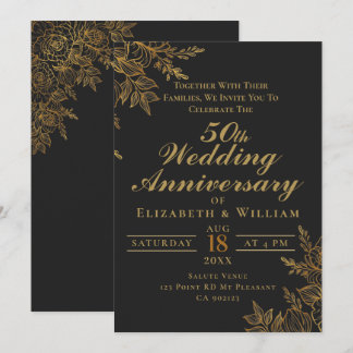 Invitación Aniversario de boda floral negro y dorado