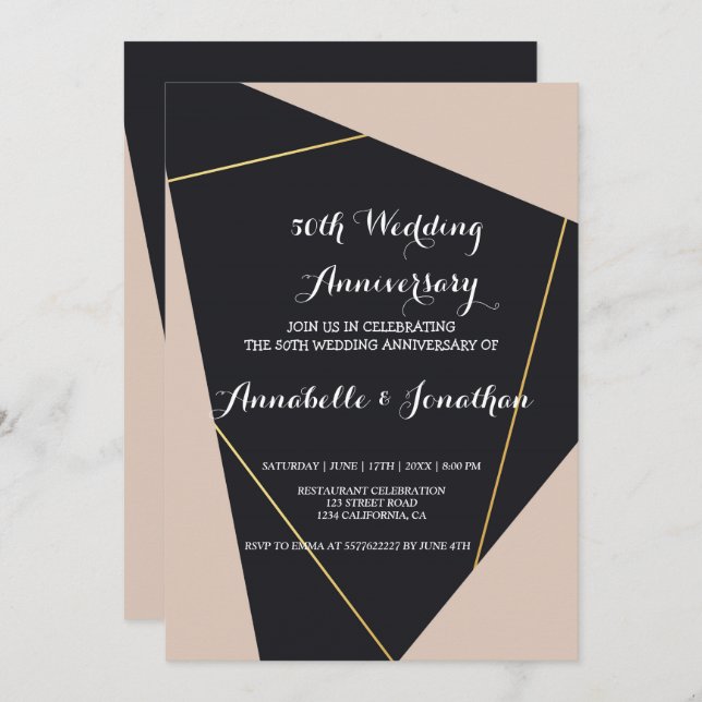 Invitación Aniversario de boda geométrico rosa negro y dorado (Anverso / Reverso)