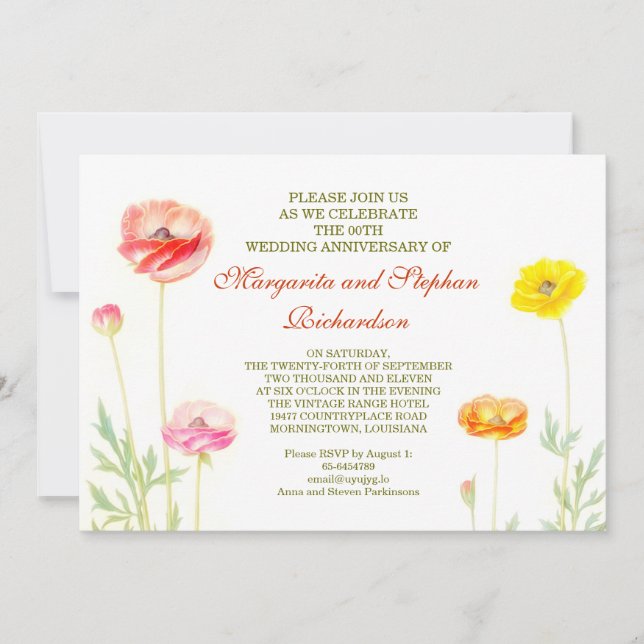 Invitación aniversario de boda jardín flores de verano (Anverso)