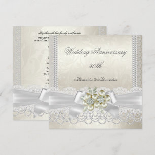 Invitación Aniversario de Boda Perla Blanca Crema Encaje Diam