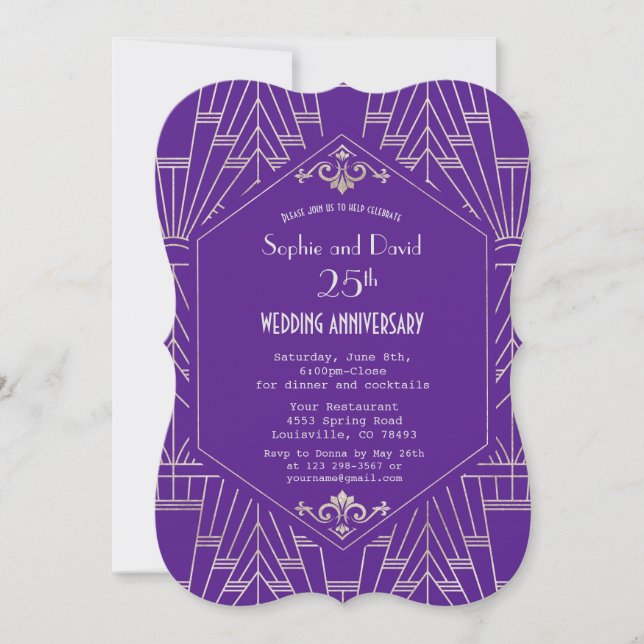 Invitación Aniversario de Boda Purple Silver Great Gatsby (Anverso)