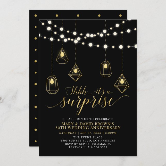 Invitación Aniversario de Boda Sorpresa Luces Doradas y Negra (Anverso / Reverso)