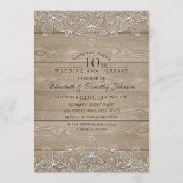 Invitación Aniversario de Bodas 10 años Madera Rústica Encaje