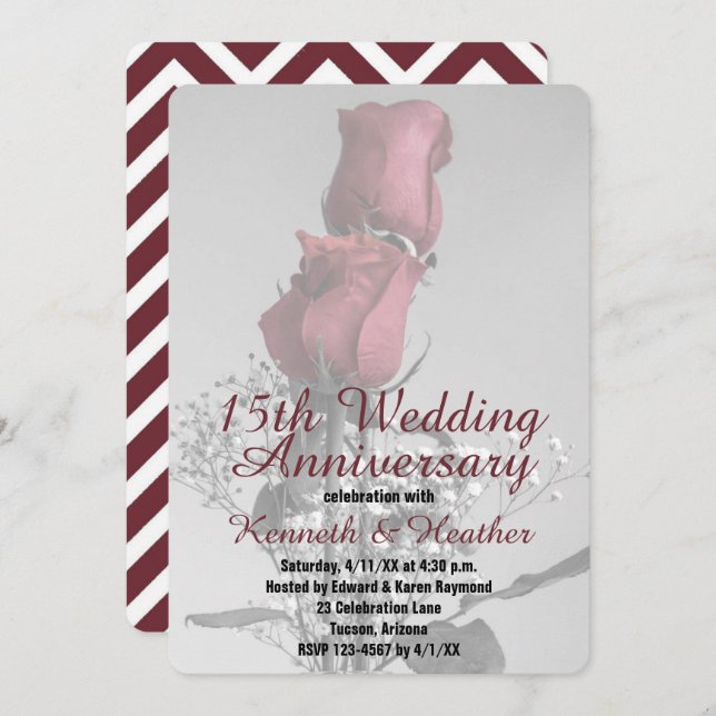 Invitación Aniversario de Bodas 15 Dos Rosas Rojas Fotografía (Anverso / Reverso)