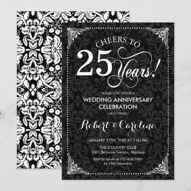 Invitación Aniversario de Bodas 25 años - Damask Blanco Negro (Anverso / Reverso)
