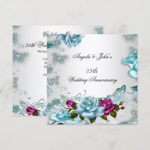 Invitación Aniversario de Bodas 25 Azul Floral Rosa