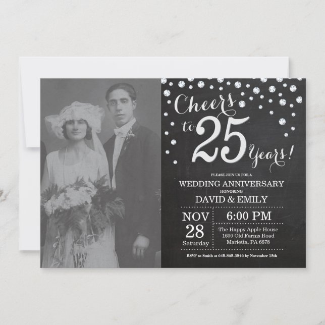 Invitación Aniversario de bodas 25 Chalkboard Negro Plateado (Anverso)
