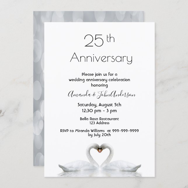Invitación aniversario de bodas 25 dos cisnes enamorados blan (Anverso / Reverso)