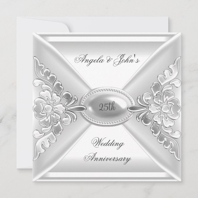 Invitación Aniversario de Bodas 25 Elegante Plata Blanco (Anverso)