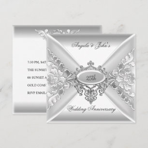 Invitación Aniversario de Bodas 25 Elegante Plata Blanco