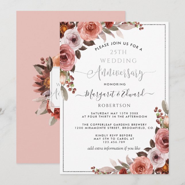 Invitación Aniversario de bodas 25, Floral Silver Blush (Anverso / Reverso)