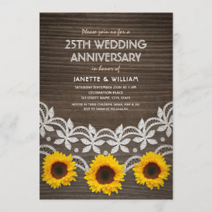 Invitación Aniversario de Bodas 25 Rustico Girasoles Encaje