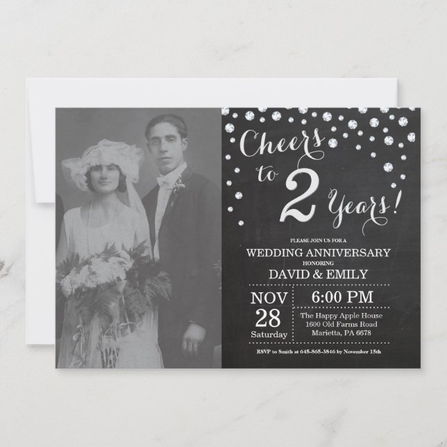 Invitación Aniversario de bodas 2 años Pizarra Negro Plata (Anverso)