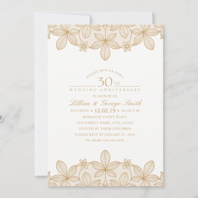 Invitación Aniversario de Bodas 30º Elegante Encaje Dorado (Anverso)