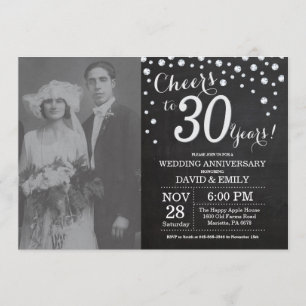 Invitación Aniversario de bodas 30 Chalkboard Negro Plateado