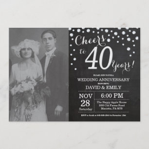 Invitación Aniversario de bodas 40 Chalkboard Negro Plateado