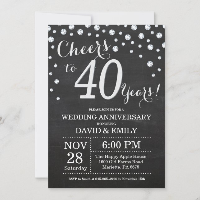 Invitación Aniversario de Bodas 40 Chalkboard Negro Plateado (Anverso)