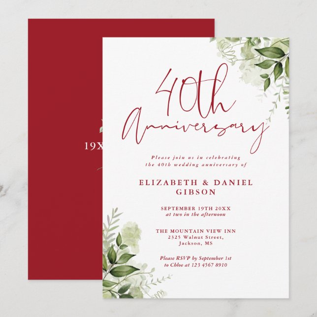 Invitación Aniversario de Bodas 40 Greenery Ruby Script (Anverso / Reverso)