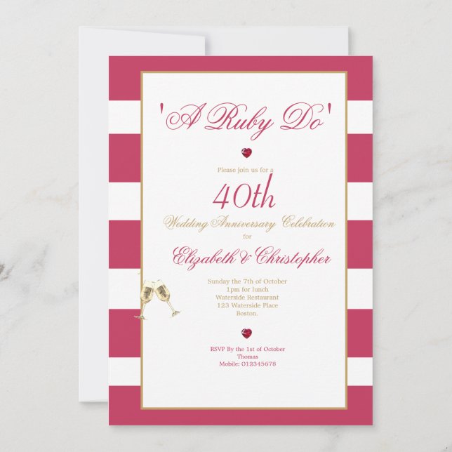 Invitación Aniversario de Bodas 40 Rojo Elegante Un Rubí Lo H (Reverso)