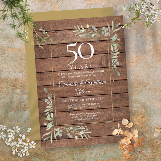 Invitación Aniversario de Bodas 50 años Greenery Madera Rústi (50th Wedding Anniversary Greenery Rustic Wood Invitation)