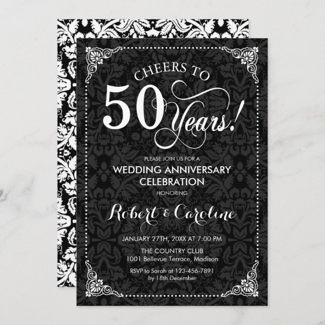 Invitación Aniversario de Bodas 50 - Damask en Blanco y Negro (Anverso / Reverso)
