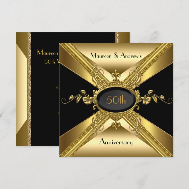 Invitación Aniversario de Bodas 50 Deco Dorado Dorada 2 (Anverso / Reverso)