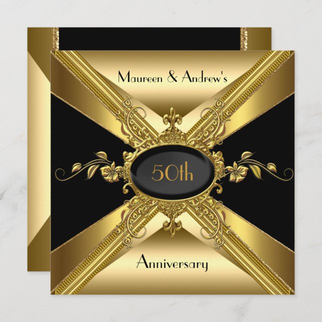 Invitación Aniversario de Bodas 50 Deco Oro Dorado 2 (Anverso / Reverso)