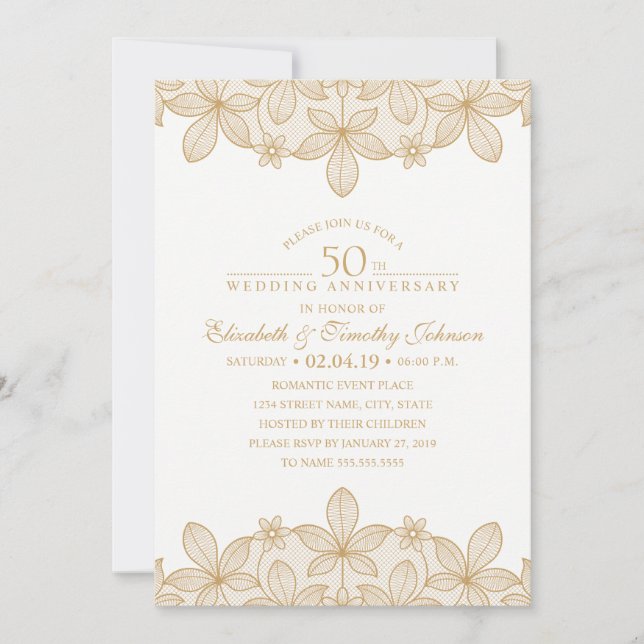 Invitación Aniversario de Bodas 50 Elegante Mirada de Encaje  (Anverso)