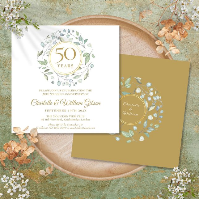 Invitación Aniversario de Bodas 50 Floral Verde Cuadrado (50th Wedding Anniversary Floral Greenery Square Invitation)