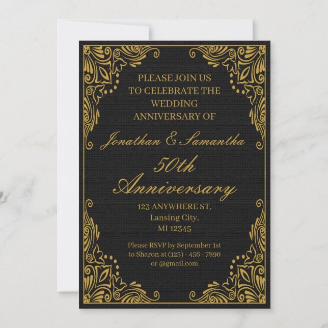 Invitación Aniversario de bodas 50 personalizado de oro y neg (Reverso)