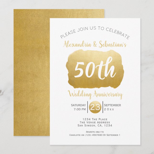 Invitación Aniversario de Bodas 50 Personalizado Falso Oro (Anverso / Reverso)