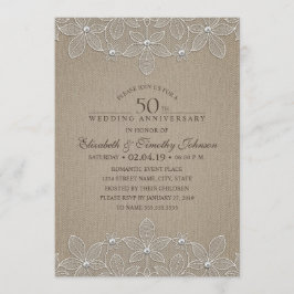 Invitación Aniversario de Bodas 50 Rustico Arpillera y Encaje