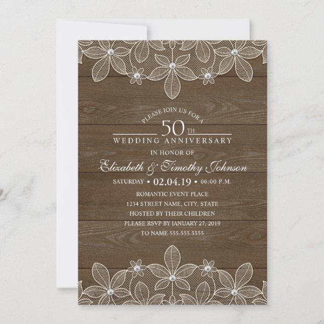 Invitación Aniversario de Bodas 50 Rustico Madera Lace País (Anverso)