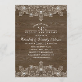 Invitación Aniversario de Bodas 50 Rustico Madera Lace País