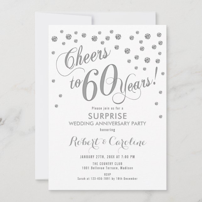 Invitación Aniversario de Bodas 60 Sorpresa - Blanco y Plata (Anverso)