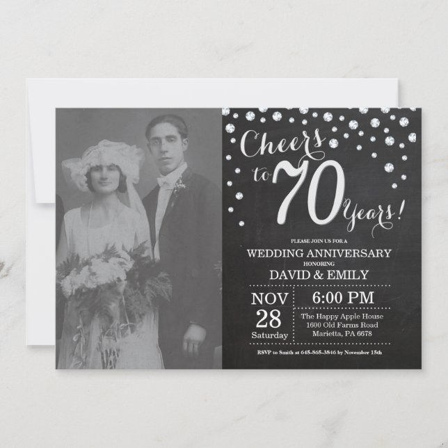 Invitación Aniversario de bodas 70 Chalkboard Negro Plateado (Anverso)