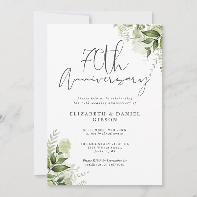 Invitación Aniversario de Bodas 70 Verde Floral (Anverso)
