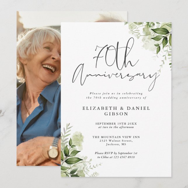 Invitación Aniversario de Bodas 70 Verde Floral (Anverso / Reverso)