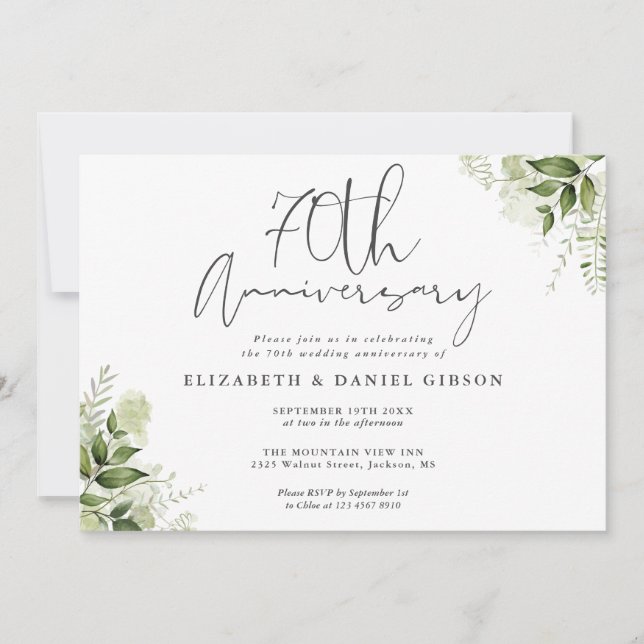 Invitación Aniversario de Bodas 70 Verde Floral (Anverso)