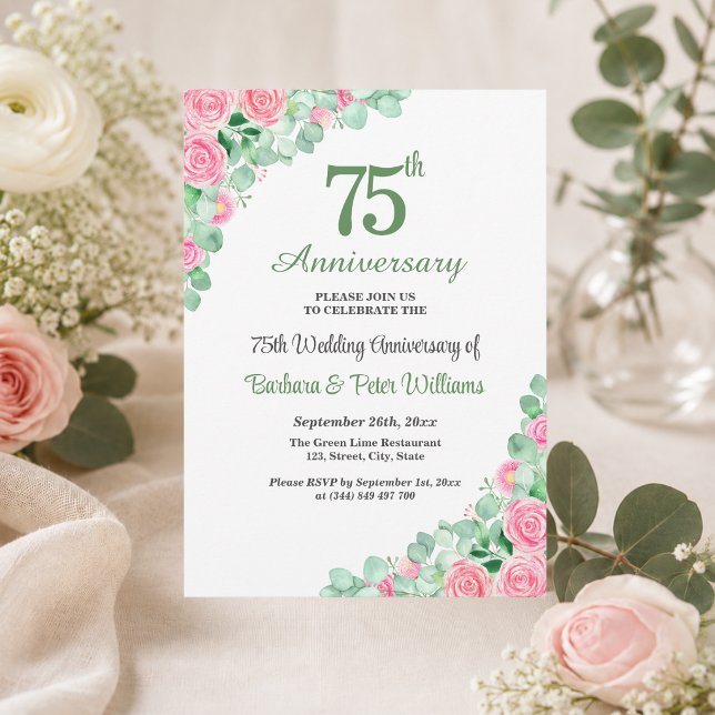 Invitación Aniversario de bodas 75 Eucalipto Rosas (Subido por el creador)