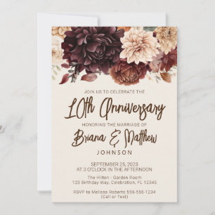 Invitación Aniversario de bodas Brown Beige Marfil Floral 10º